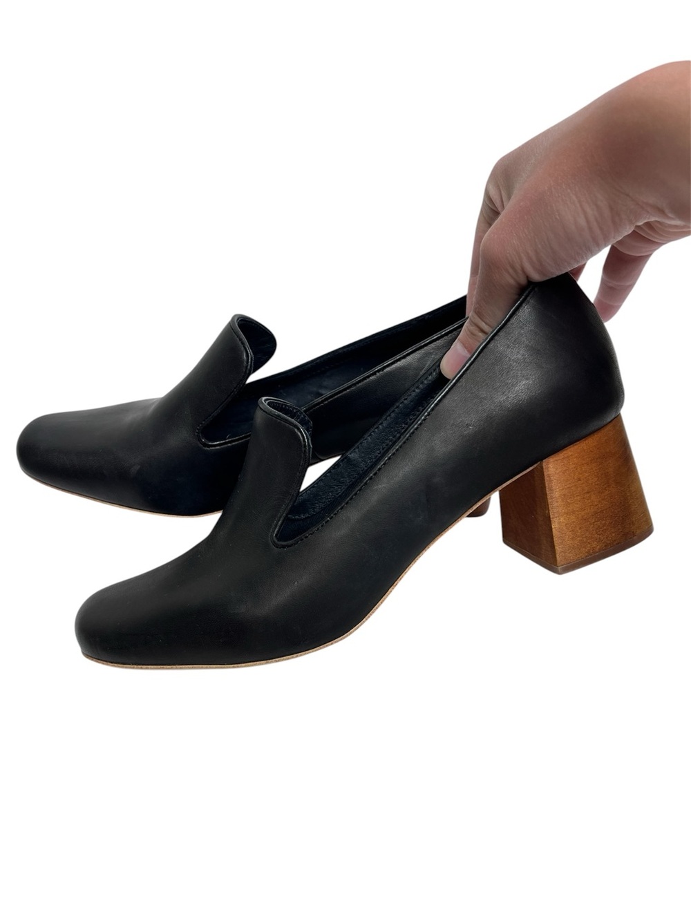 JEFFREY CAMPBELL Black Leather Wood Block Heel Shoes Size 7.5